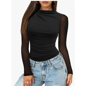 Saslax Women's Long Sleeve Sheer Mesh Mock Neck Ruched Thong Bodysuit Sexy Club Date Night Outfit Top Size Medium