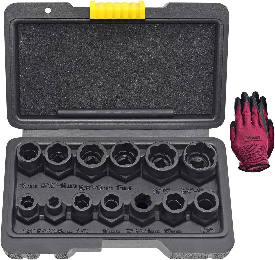 14 Pcs Bolt Nut Extractor Set with Knockout Bar, 3/8" Drive Wheel Lock Removal Kit for Extracting Damaged, Stripped Frozen Nuts & Screws Twist Socket Set, Impact Lug Nut Remover Socket Tool