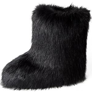 YXCFEWD Fur Boots for Women Winter Fluffy Furry Boots for Girls Flat Heel Snow Boots, 8 Wide (Black)