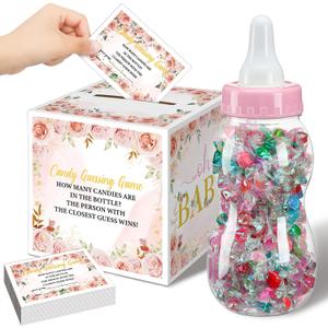 Glenmal 52 Pcs Baby Shower Games Gift Sets Large Baby Bottle for Shower Game Guess How Many Candies Decorations for Gender Reveal(Flower)