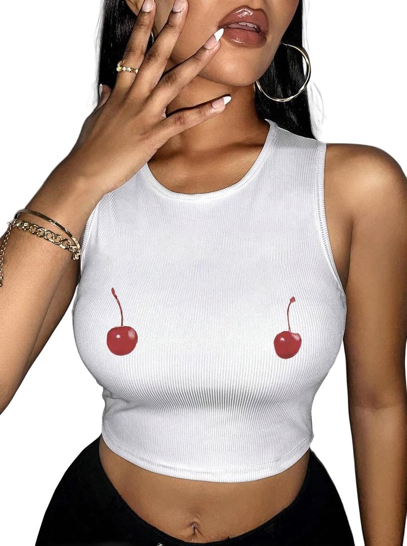 Hilinker Women's Summer Tank Tops Sleeveless Letter Graphic Printed Ribbed Knit Basic Crop Cami Tops Shirt (Large, White Two Cherry)