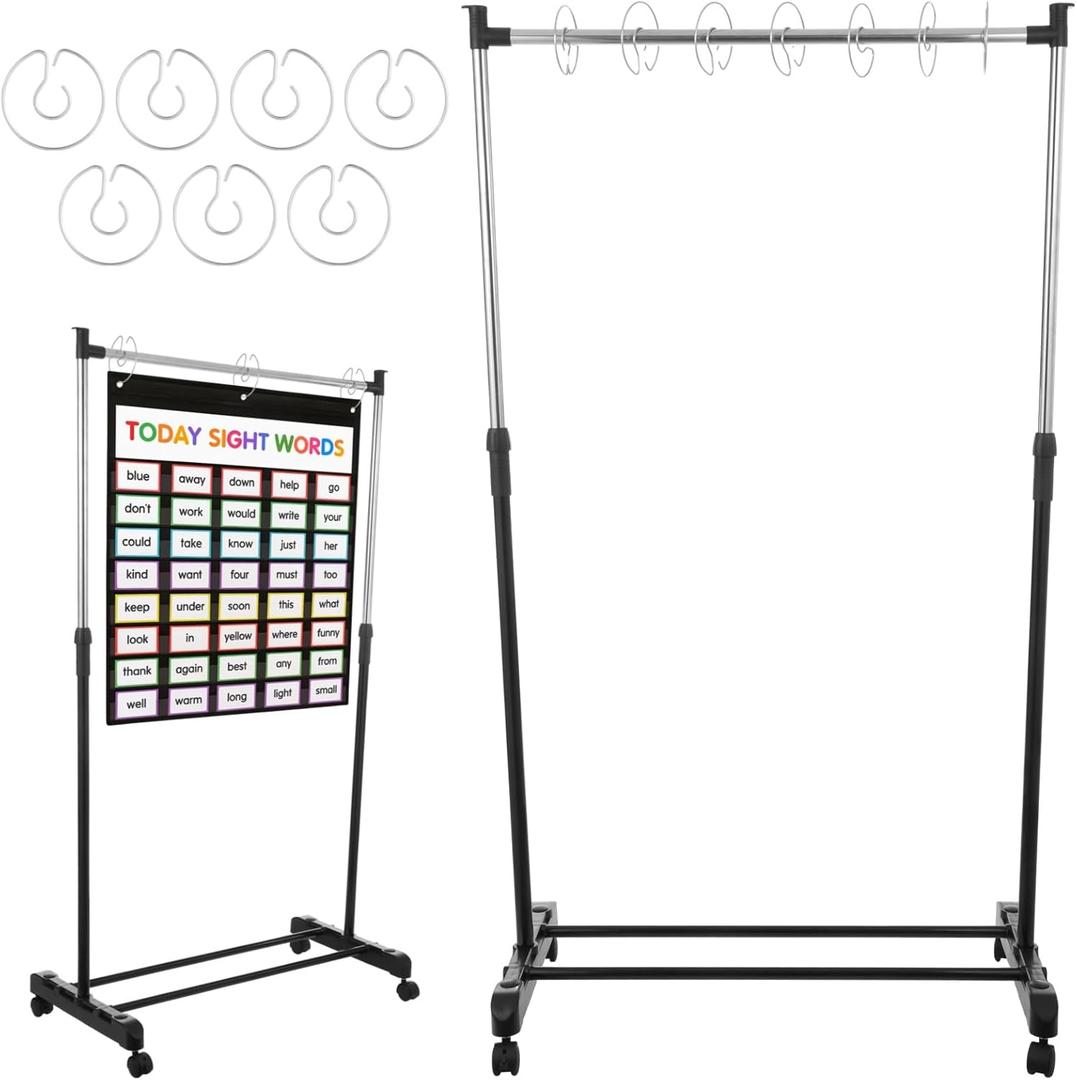 Pocket Chart Stand with Casters, 7 Rings, Adjustable 35.75-63in Height | Stainless steel frame with locking wheels; holds charts in place, height adjusts for comfortable viewing, easy assembly