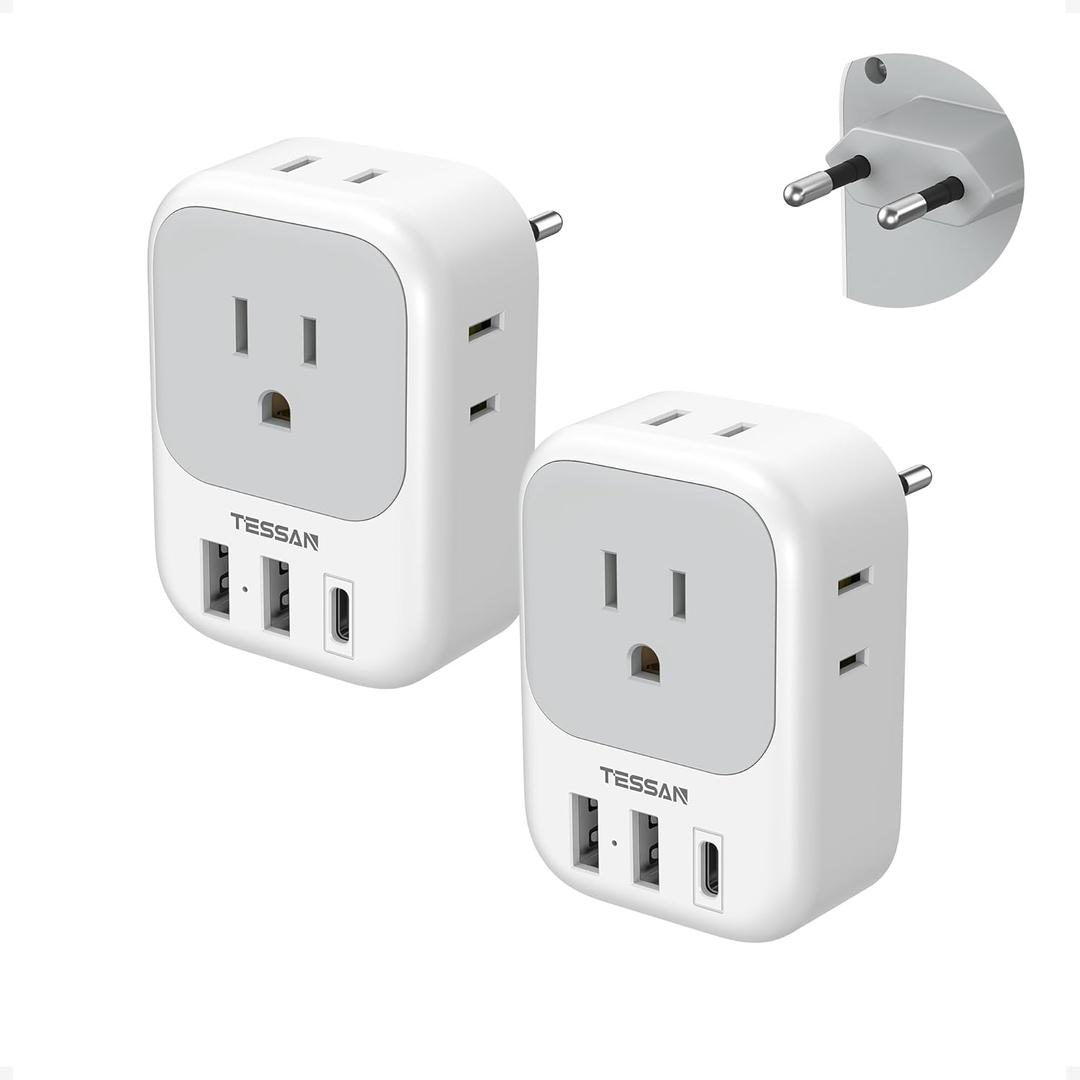2 Pack European Plug Adapter USB C, TESSAN US to Europe Adapter 4 Outlets 3 USB Charger, Type C International Power Adaptor to Italy Spain France Portugal Iceland Germany, Europe Travel Essentials