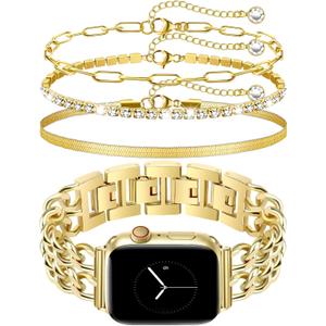 Gold Watch Band and 3Pc Bracelets Set for Women Compatible with Apple Watch 38/40/41/42mm(S10/11) Elegant Metal Strap Jewelry Chain Bracelet for iWatch Series1/2/3/4/5/6/7/8/9/10/11 SE3/2/1 (No Case)