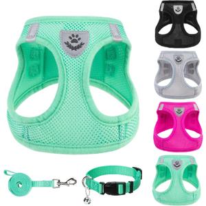 PUPTECK Adjustable Dog Harness Collar and Leash Set Step in No Pull Pet Harness for Small Medium Dogs Puppy and Cats Outdoor Walking Running, Soft Mesh Padded Reflective Vest Harnesses, Solid Green M 