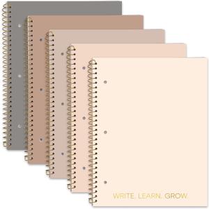 Decorably 5-Pack 140 Pages Gold Foiled Spiral Note Books College Ruled, 8x10.5in Spring Bound, 3-Hole Punched and Easy Tear-Off Perforated Design, Lined Pages - Work, School, Office