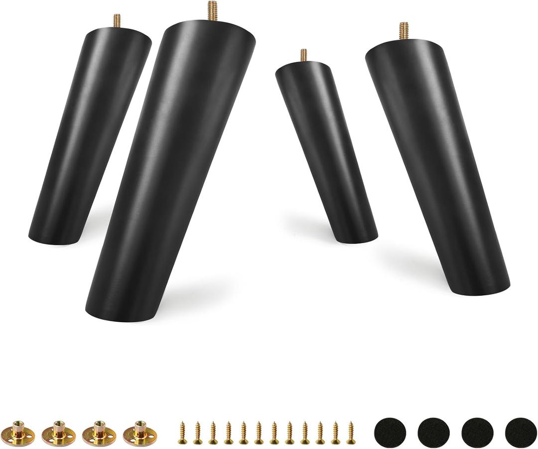 FoDau770 Black Rubber Wood Furniture Legs 8 Inches, Slant Tapered Wood Feet Mid Century Sofa Legs Set of 8, 5/16" UNC Furniture Feet Replacement Parts for Cabinet Couch Dresser Chair Ottoman Table