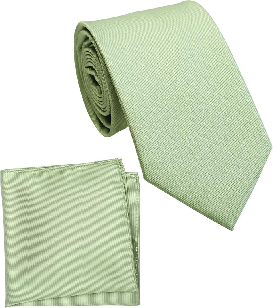 Regular Tie and Pocket Square for Men, Solid Color Necktie Set, 3.2 inch Standard Width (23 Sage Green)