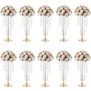 NUPTIO Gold Vases for Centerpieces Wedding - 10 Pcs 21.7in Tall Vase Centerpieces for Tables - Chandelier Flower Stand Bulk