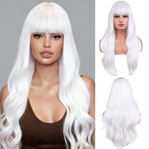 BERON White Wig Long Wavy White Wigs with Bangs for Women Daily Party Hairnet Include