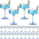 24 PCS Plastic Champagne Coupe Cup Ocean Blue Ribbed Coupe Glasses 10oz Detachable Gold Rim Espresso Martini Glass Vintage Margarita Glassware Cocktail Glass Set for Baby Shower Hanukkah