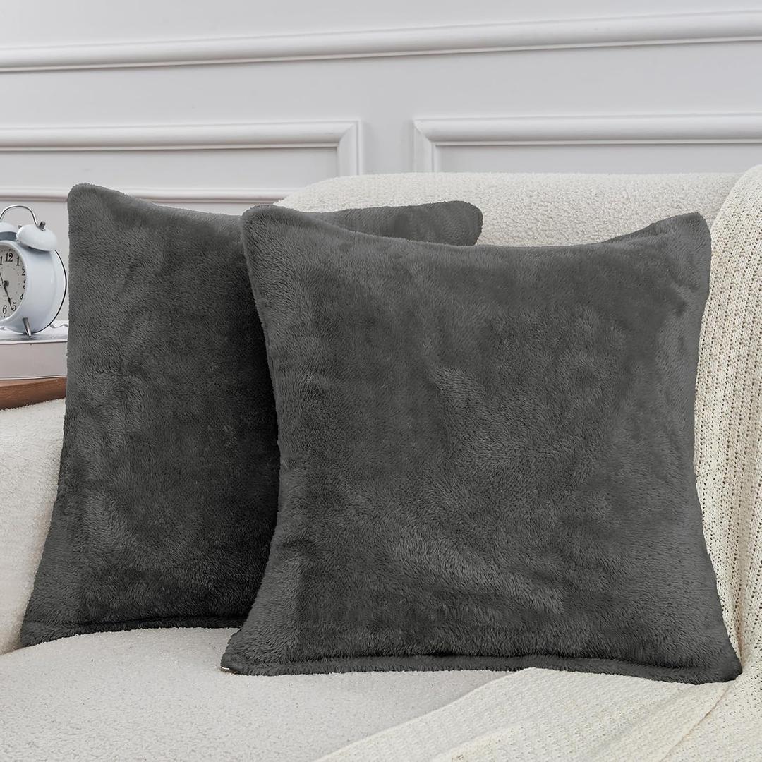 YIYEA Faux Fur Pillow Cases Set of 2, Luxury Ultra Soft Fuzzy Pillowcases, Fluffy Plush Velvet Pillow Covers with Zipper, Cozy Warmth and No Shedding, 18 x 18, Dark Gray