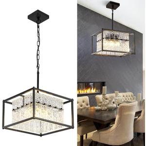 Modern Black Crystal Pendant Light for Kitchen Island, 4-Light Water Ripple Glass Chandelier, Adjustable Height Dimmable Hanging Fixture for Dining Room Bedroom Hallway Entryway