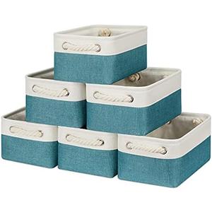 Bidtakay Fabric Baskets for Organizing Closet Set of 6 Small Storage Bins 11.8 X 7.8 X 5 Inches Decorative Storage Baskets for Shelves Foldable Bins for Cube Organizer Rectangular(White&Teal Blue)