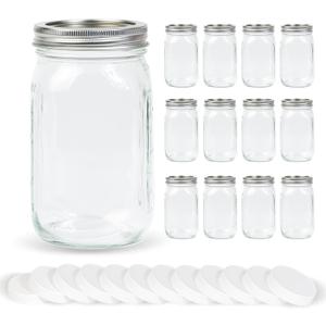 12 Pack 32 oz Clear Wide Mouth Mason Jars with Airtight Lids and White Plastic Mason Jar Lids, Canning Jars, Glass Jars for Canning, Food Storage, Overnight Oats, Fermenting, Pickling