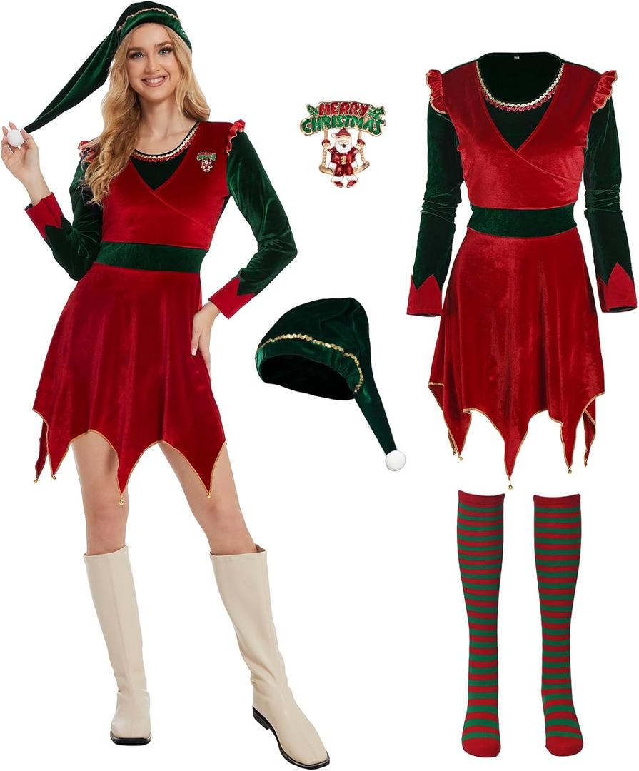 Christmas Costume For Women,4 Pcs Cute Jovi the Dress Womens adult Holiday Xmas Fancy Outfit for Party (Large, Red)
