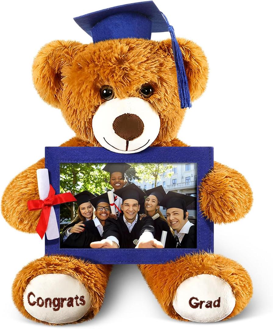Leyndo 2026 Graduation Plush Bear with Picture Frame Diploma Cap 9 Inch Congrats Grad Plush Stuffed Animal Bear Graduation Keepsake Gifts for Graduate(Royal Blue)