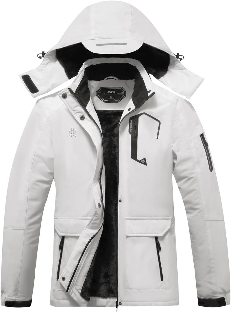 ASPO Women's Ski Jacket Waterproof Winter Jacket Insulated Warm Fleece Lined Windproof Snow Coats with Hood Snowboarding (White-upgraded)