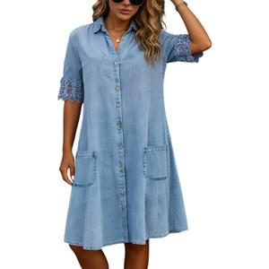 Denim Dress for Women 2026 Summer Casual Lace Trim Half Sleeve Blue Jean Dresses Button Down Shirt Dress Western Outfits (Blue, S)