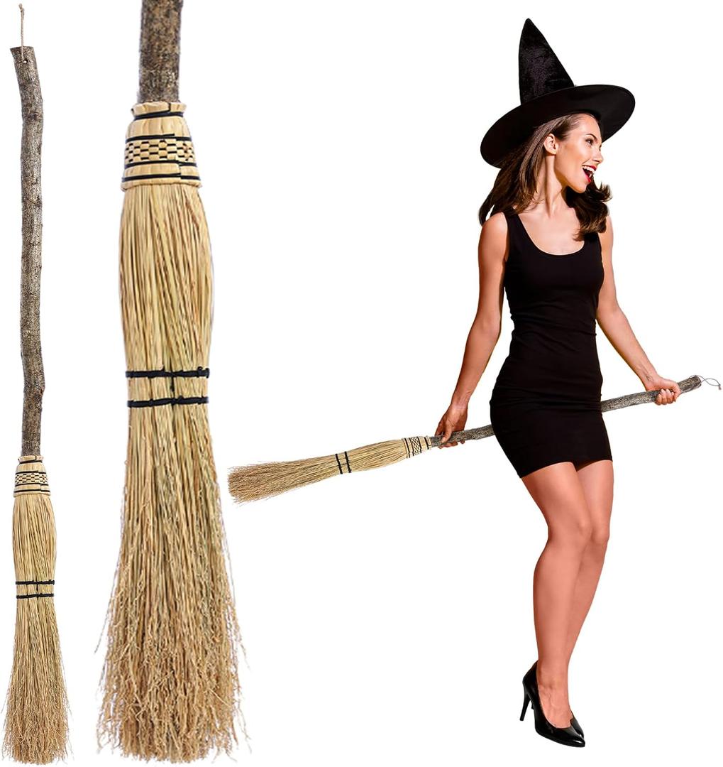 Seenelling 1 Pcs 52 Inch Halloween Witch Broom Natural Corn Broomstick