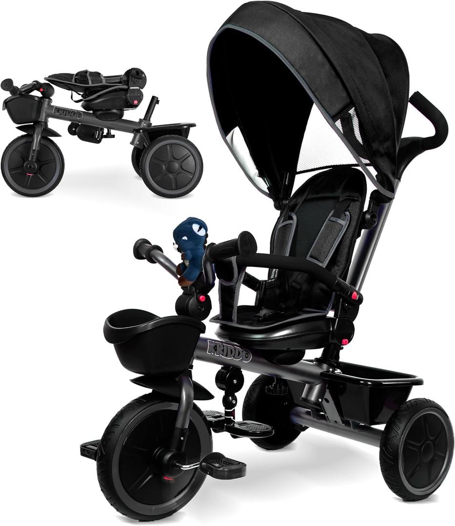 KRIDDO 7-in-1 Tricycle Stroller for Toddlers 18 Months to 5 Years, Adjustable Push Handle, Rotatable Seat, Cup Holder and Retractable Canopy, Folding Baby Trike w/Detachable Guardrail, Footrest, GY (Grey)