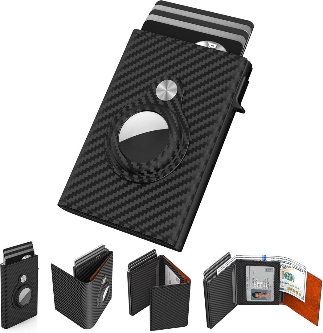 typecase AirTag Wallet for Men: Compatible with Apple AirTag (1st & 2nd Generation), RFID Blocking, Genuine Leather, Slim & Minimalist Design - 14 Card Capacity | ID Window | Cash Slot (Orange) (Carbon Fiber Orange)