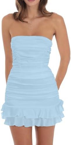 Mizoci Women's Sexy Tube Top Bodycon Mini Dress Strapless Ruffle Bow Back Ruched Party Short Dresses, Small