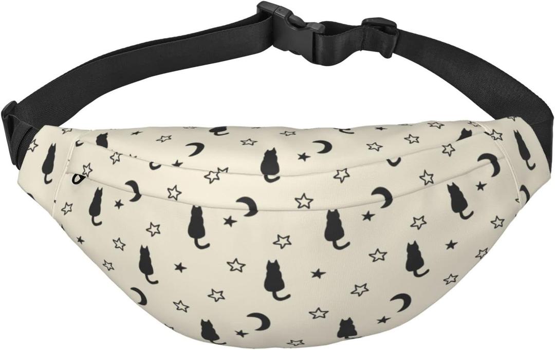 Cat Moon Star Large Crossbody Fanny Pack Belt Bag With 3 Zipper Pockets, Gifts For Sports Festival Workout Traveling Running Casual Hands Free Waist Pack Wallets Phone Bag (Black)