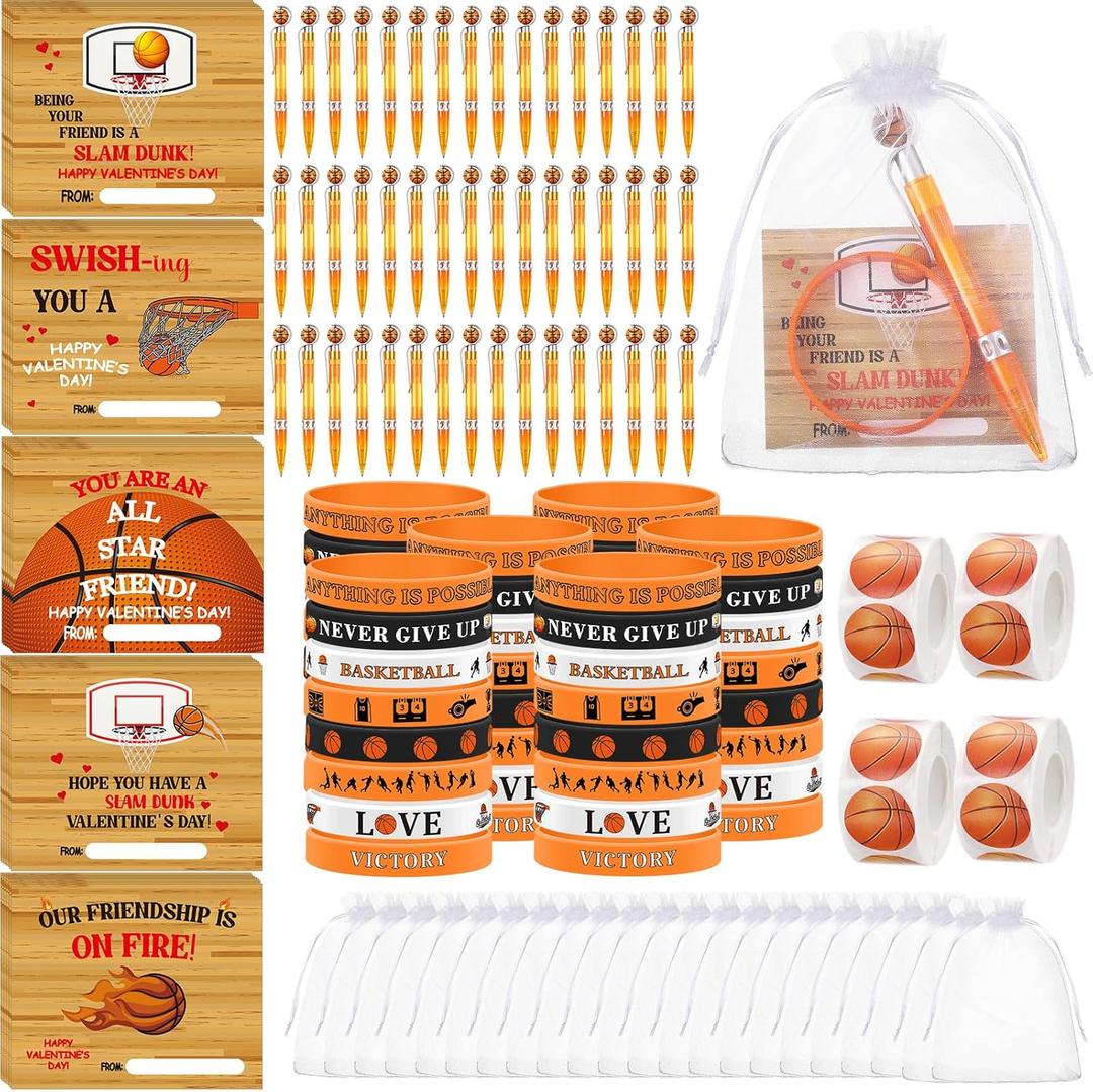 32 Set Basketball Valentines Gifts Include Basketball Valentines Cards Pens Sports Silicone Bracelet Stickers Exchange Gift Bulk Basketballs Party Favors for Valentine Goodie Bags Stuffers