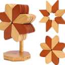 Wooden Placemats - Tree Washer Set, Wooden Pinwheel Coaster Set with Stand for Easy Storage - for Fondue pots, Pans, Bowls, teapots, Warming Trays - Versatile Decorations (Windmill placemats 5 pcs)