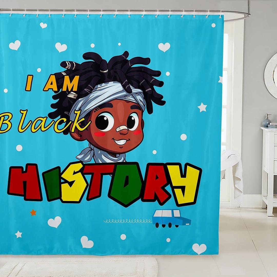 Black Boy Shower Curtain For Kids Teens,Cute Black African American Boy Fabric Shower Curtain,Afro Boy Melanin Bathroom Shower Curtain Sets Black Boy Juneteenth Bathroom Accessories 72"Wx72"L