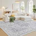 Area Rug 8x10 Washable Area Rugs for Living Room- Ultra Soft Non-Shedding Faux Wool Bedroom Rug Large Grey Vintage Print Rugs with Non Slip Rubber- Indoor Retro Foldable Carpet for Dining Room (8' x 10' (Rectangular), Grey/Cream/White/Light Blue)