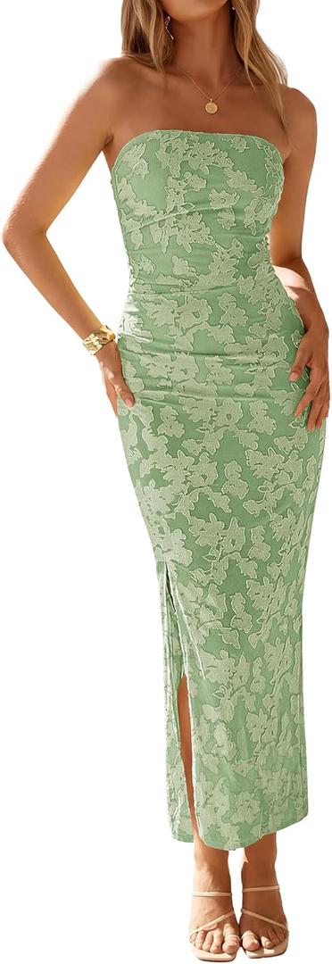 ZESICA Womens 2026 Summer Floral Strapless Maxi Dress Bodycon Side Slit Mesh Formal Cocktail Party Wedding Guest Long Dresses M