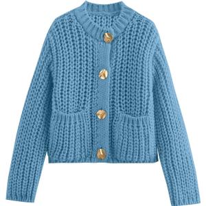 PEHMEA Women's Knit Cardigan Sweaters, Chunky Open Front Button Up Short Sweater Coats for Women Trendy (Blue, S)