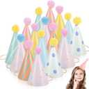 16pcs Birthday Party Cone Hats for Kids: 7 inch Pom Poms Party Supplies & Decorations Paper Colorful Hat for Toddler Girls Boys Baby Shower Photo Props