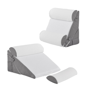 Bedluxe Adjustable 4pcs Bed Wedge Pillow Set, Memory Foam Wedge Pillows Post Surgery for Back, Neck, Leg Pain Relief, Pillow Wedge for Sleeping, Sitting up in Bed, Acid Reflux and GERD, White/Grey