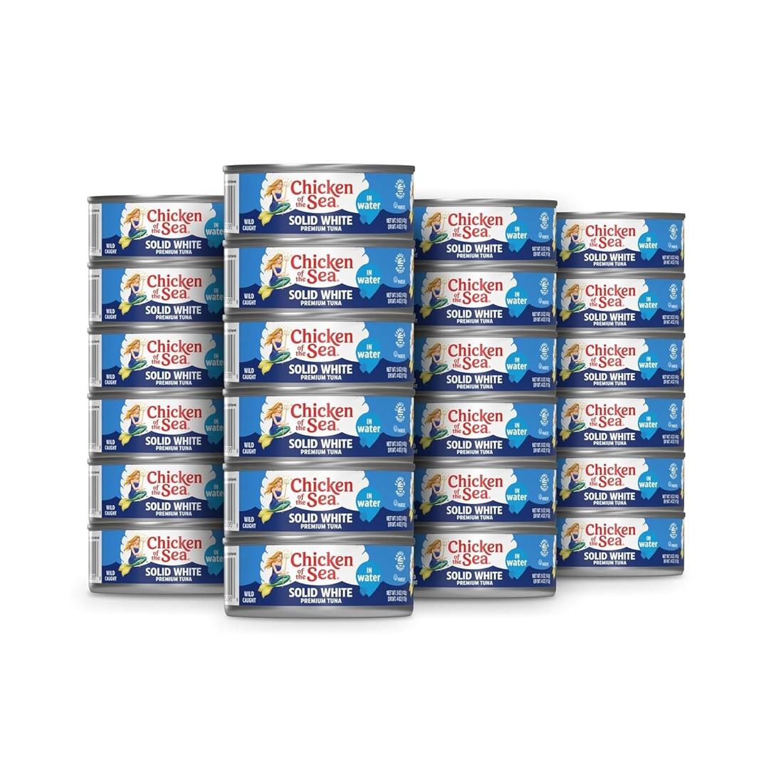Chicken of the Sea Wild Caught Premium Solid White Albacore Tuna in Water, 5 oz Cans, 24-Count High Protein 100% Classic Tuna in Water Delicious, Easy, Nutritious Ready to Eat Meals (EXP 08/27/28)