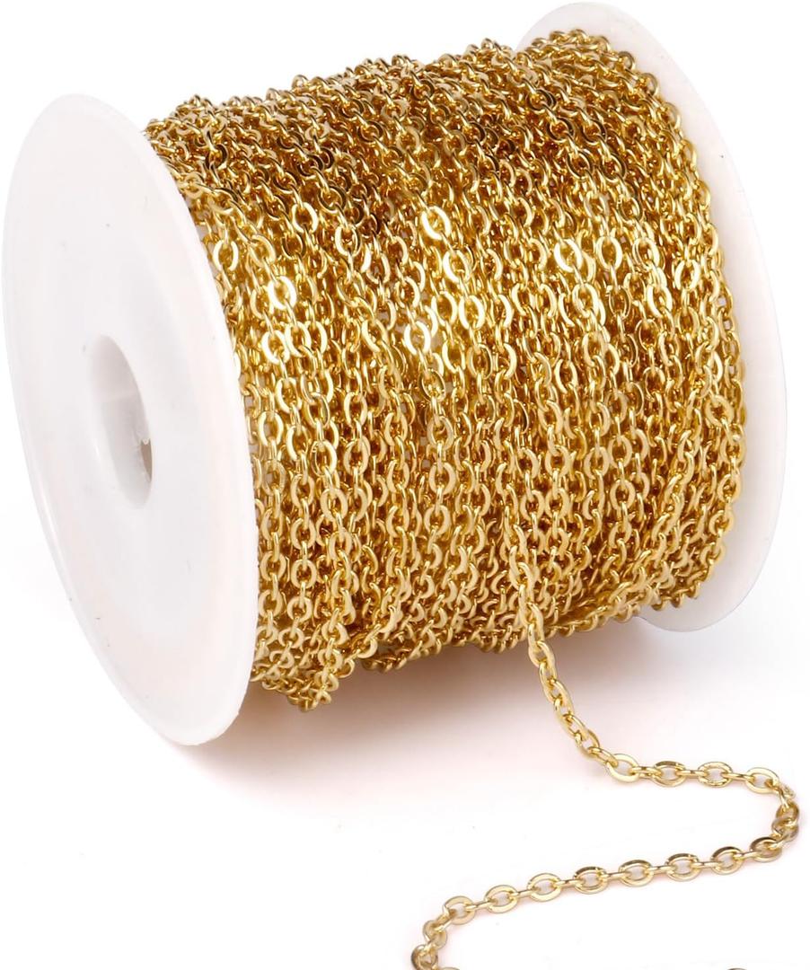 33 Feet 18K Gold PVD Plated Stainless Steel Cable Chain Bulk, 2mm 304 Stainless Steel Flat Cable Link Chains Roll Spool for Jewelry Making Necklace DIY Craft (2.0mm width)