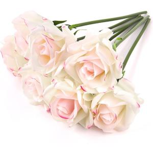 Eyamumo Fake Flowers, Faux Silk Real Touch Artificial Rose Flowers for Decoration DIY, Wedding Party, Home Office Decoration and Dining Table Centerpiece, 7Pcs (WhitePinkEdge-30cm, 30CM) (11.81'')