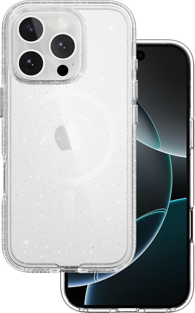 MAGEASY Case for iPhone 16 Pro 6.3" - Never Yellowing Crystal Clear Glitter Case with Sparkle, 16ft Drop Protection, Compatible with MagSafe | Bright M - Luminous Clear