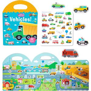 MIKNEKE Jelly Reusable Sticker Books for Toddlers 1-3 2-4 Years, Portable Travel Toys Sticker Activity Book for Kids 2 3 4 Year Old Girls Boys (Vehicles)