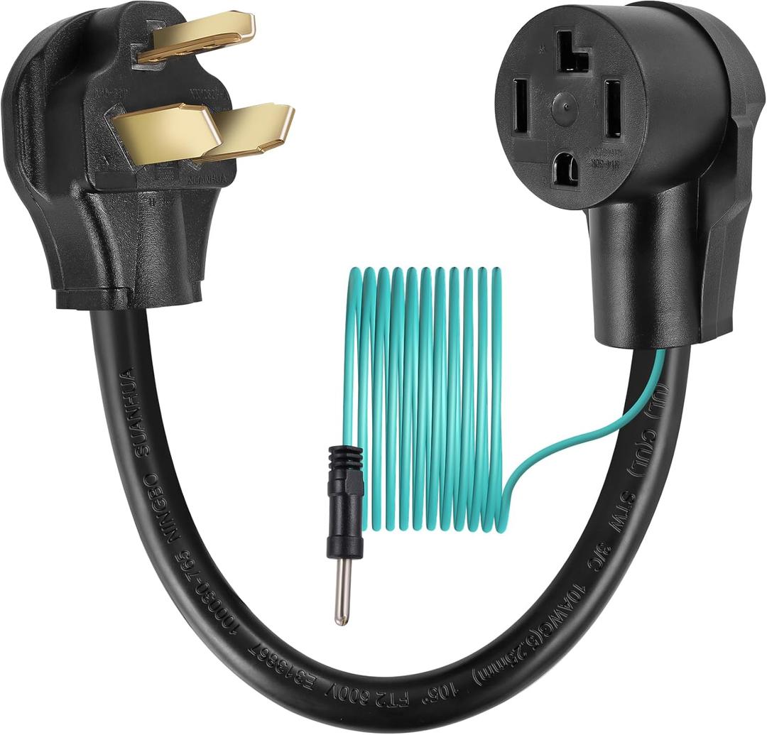 4 Prong to 3 Prong Dryer Plug Adapter with Green Ground Wire, Connects 4-Prong New Dryer Female to 3 Prong Old Dryer Male Receptacle, NEMA 10-30P to 14-30R Dryer Adapter,STW 10AWG 1.5 FT