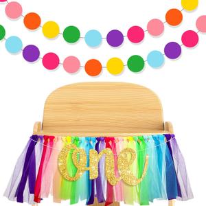 Rainbow High Chair Banner for 1st Birthday Decoration - Highchair Tutu Skirt With 1 Pennant and 2 Colorful Round Paper Banners - Party Supplies