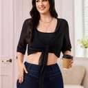 Women's Plus Size Sheer Mesh Chiffon Blouses Tie Front Half Sleeve Crop Cardigan Shrug (Black, L)
