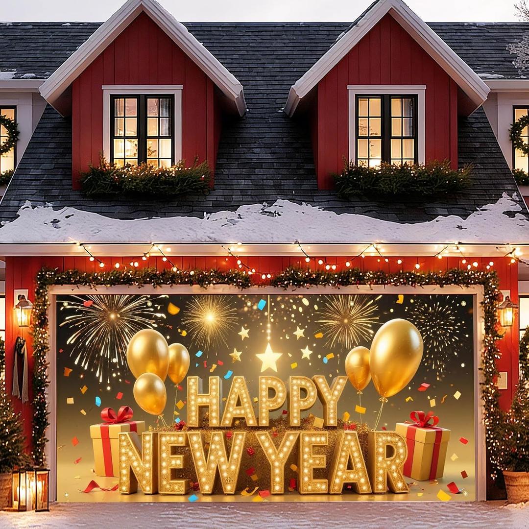 13x6ft Happy New Year Garage Door Banner Golden LettersBackdrop New Year's Eve Garage Door Cover Decoration for Celebration Party Indoor Outdoor House Wall Background Decor
