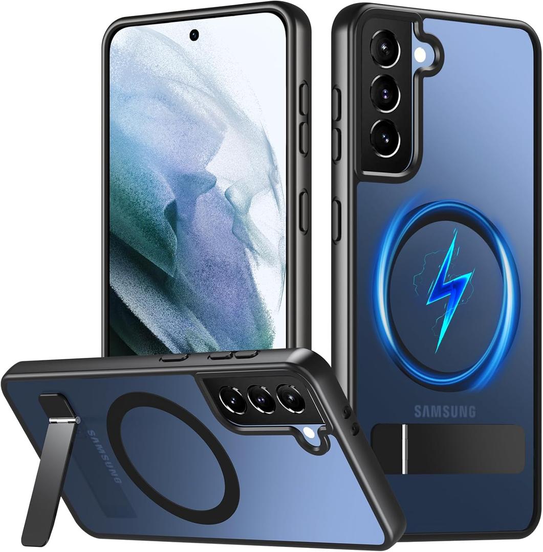 OWKEY for Samsung Galaxy S21 Case with Stand, Magnetic Shockproof Case Fit for Magsafe Translucent Matte Cover for Samsung S21, Black