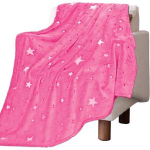 REXEO Glow in the Dark Pink Star Blanket for Girls, Soft Fleece Pink Blanket for Kids Toddlers Teens, Cute Bedroom Decor Throw, Birthday Gifts for Girls Age 3-12, 50"x60"