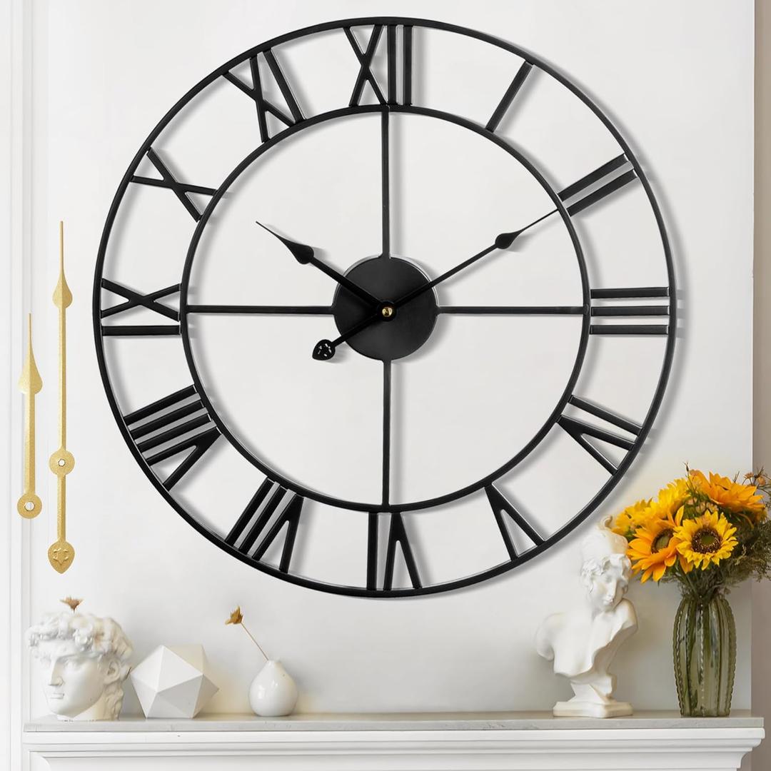 Large Wall Clock - 40cm/ 16 Inches Silent Non-Ticking Metal Wall Clock, Black, Vintage Modern Style, Battery Operated, Ideal for Living Room, Bedroom, Office, Farmhouse Decor (40CM, Black - Roman Numerals)