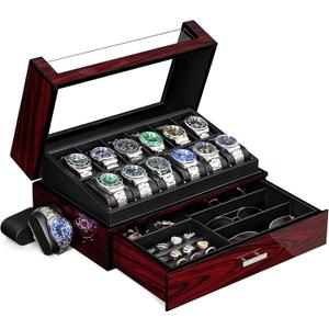 ANWBROAD Watch Box for Men 12 Slots Watch Case with Glass Lid 2 Layers Paint Watch Holder Jewelry and Watch Storage Faux Leather Lining Elegant Present or Men Women UJWB005Y