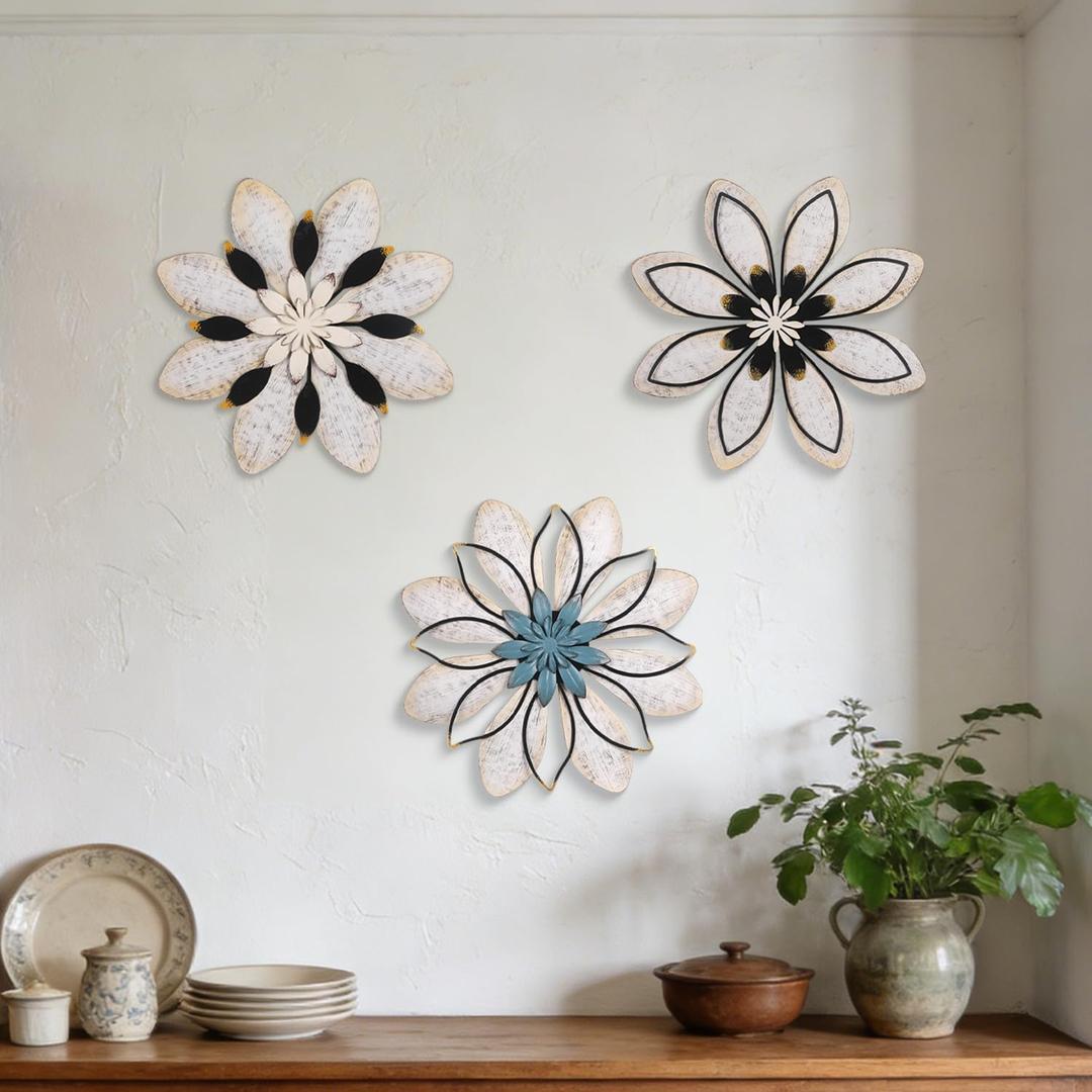 3 Pieces Metal Flower Wall Art, Flower Art Wall Decor, 3d Design Floral Wall Art, Rustic Wall Decor, Farmhouse Wall Decor Multiple Floral Hanging Decor for Bathroom Living Room Bedroom, Housewarming Gifts